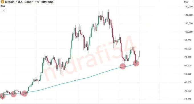 A Bitcoin / U.S. Dollar weekly candlestick chart from Bitstamp showing price action around the 60,000 level with an SMA overlay, watermarked 'MyrafiSA'.
