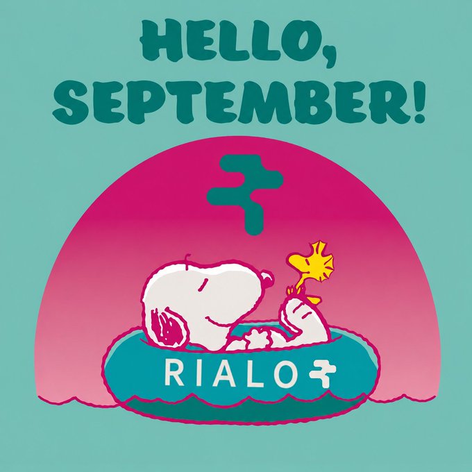 A digital illustration with a pink and teal color scheme featuring a cute white character floating in a green inner tube under the text 'HELLO, SEPTEMBER!' with 'RIALO' written on the tube.