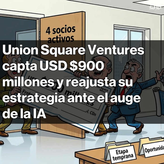 A cartoon shows people carrying a large US$900 million check into a building, overlaid with the Spanish headline 'Union Square Ventures capta USD $900 millones y reajusta su estrategia ante el auge de la IA'.