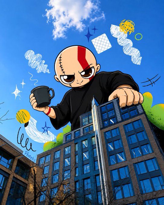 A cartoon illustration depicts a giant bald character with a scar over his eye, wearing a black sweater, looming over a city and holding a coffee cup against a blue sky with doodles.