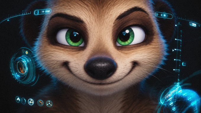 A close-up of a cartoonish meerkat character with large green eyes and a smiling expression, surrounded by blue holographic interface elements.