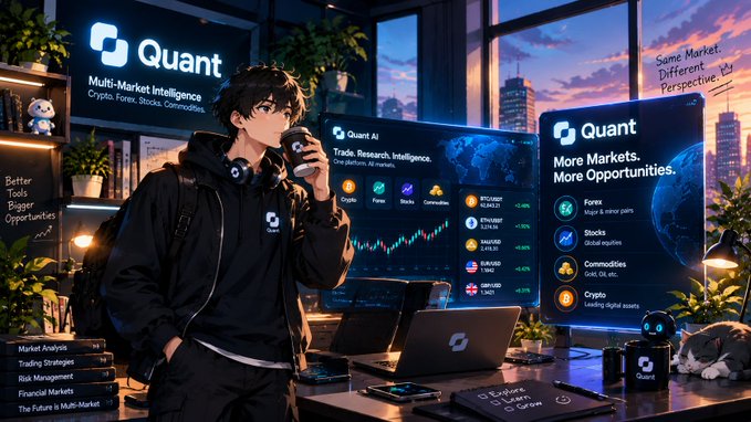 An anime-style illustration of a young man drinking coffee in front of multiple monitors displaying the 'Quant' branding, with text like 'Multi-Market Intelligence', 'Crypto, Forex, Stocks, Commodities', and 'Trade. Research. Intelligence.'