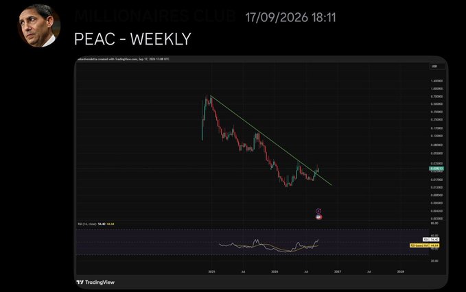 A TradingView chart titled 'PEAC - WEEKLY' dated 17/09/2026, posted in a 'MILLIONAIRES CLUB' chat, shows a downward trending candlestick pattern with a trendline.