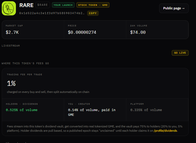 A crypto token page showing token name "RARE", contract address, market cap of $2.7K, price $0.00000274, and 24H volume $74.60, with fee structure of 1% per trade.