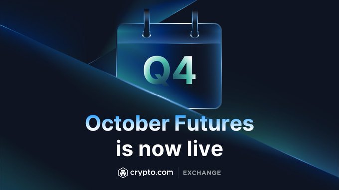 The image is a promotional graphic for Crypto.com's Q4 October Futures launch, featuring a calendar icon displaying "Q4" against a dark blue background, with the text "October Futures is now live" and the Crypto.com Exchange logo prominently shown. The graphic visually reinforces the post's announcement that October futures trading is available on the Crypto.com Derivatives Exchange.