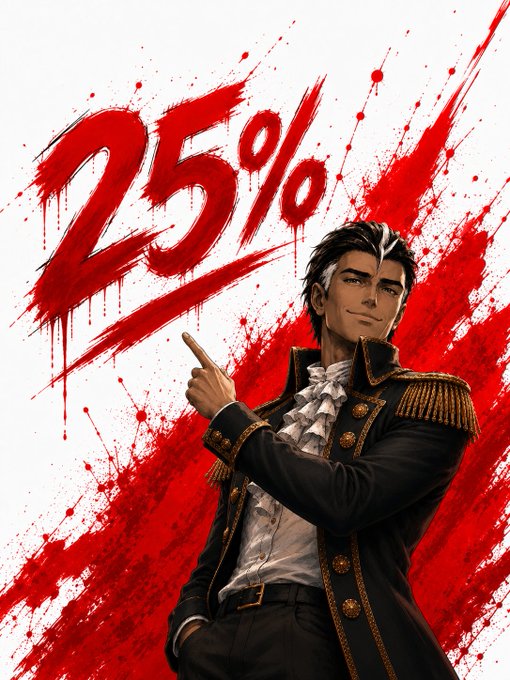 Stylized illustration of a man in a Napoleonic-era military uniform pointing upward, with bold red brush-stroke text displaying '25%' against a white background with red paint splatters.