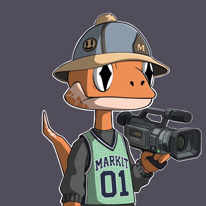 A cartoon anthropomorphic chameleon character wearing a blue bucket hat, a green jersey labeled "MARKIT 01", and holding a professional video camera.