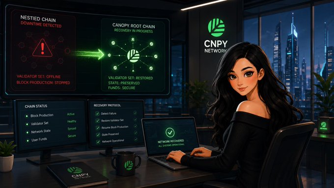 A digital illustration of a dark-haired anime-style woman working at a laptop in a futuristic control room, with screens showing 'CNPY NETWORK' branding, 'NESTED CHAIN DOWNTIME DETECTED', and 'CANOPY ROOT CHAIN RECOVERY IN PROGRESS'.