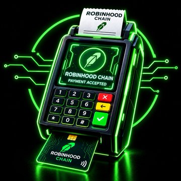 A stylized 3D graphic of a black payment terminal displaying "ROBINHOOD CHAIN PAYMENT ACCEPTED" with green neon accents and circuit board patterns.