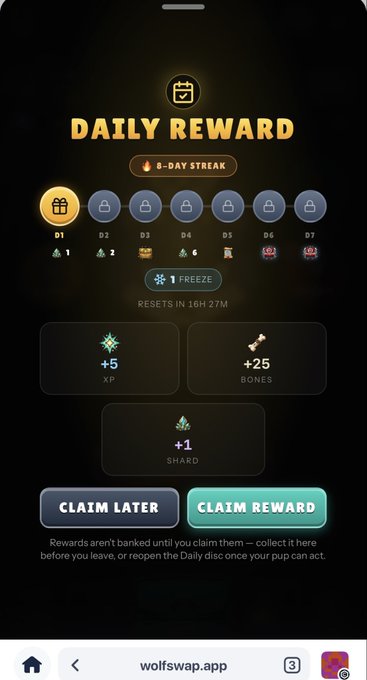 A Daily Reward screen on wolfswap.app shows a 5-day streak with rewards of +5 XP, +25 Bones, and +1 Shard available to claim.