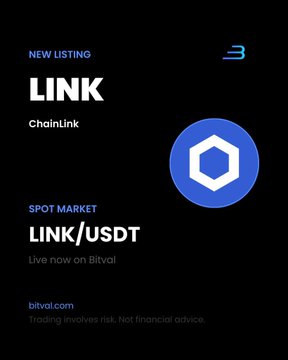 The image is a promotional graphic announcing a new listing on Bitval Exchange, featuring the ChainLink (LINK) logo alongside text that reads "NEW LISTING LINK ChainLink SPOT MARKET LINK/USDT Live now on Bitval" with the Bitval.com URL displayed at the bottom. It corresponds with the accompanying post by highlighting one of the featured projects—ChainLink ($LINK)—and its availability for trading on the Bitval platform.