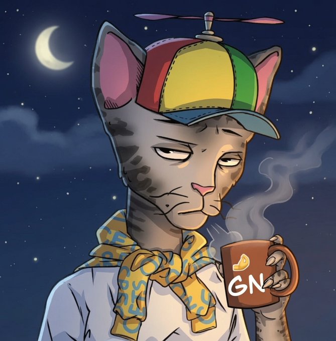 An anthropomorphic gray cat with a relaxed expression wears a propeller beanie cap and a yellow patterned scarf, holding a steaming mug labeled "GN" against a starry night sky with a crescent moon.