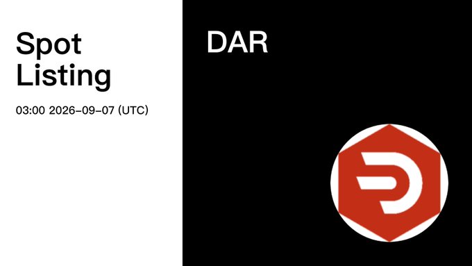 A black and white graphic announcing a 'Spot Listing' for 'DAR' at '03:00 2026-09-07 (UTC)' alongside a red and white 'D' logo.