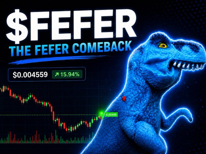 A crypto promotional graphic for '$FEFER' titled 'THE FEFER COMEBACK' showing a price of $0.004559 with a 15.94% increase, alongside a blue glowing dinosaur character.