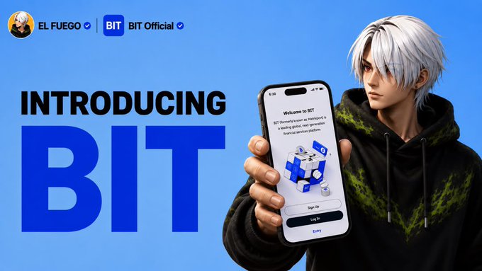 Promotional graphic introducing BIT (BIT Official), featuring an anime-style male character holding a phone displaying a sign-up screen for a leading global next-generation financial services platform.