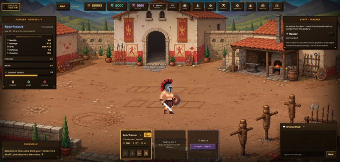 A screenshot of a gladiator-themed video game showing a character in a Roman arena, with UI elements displaying 'Fighter_#0707' stats, resource counters including 'POP' and 'GOLD' at the top, and training options like 'Sword Training' and 'Special Forces'.