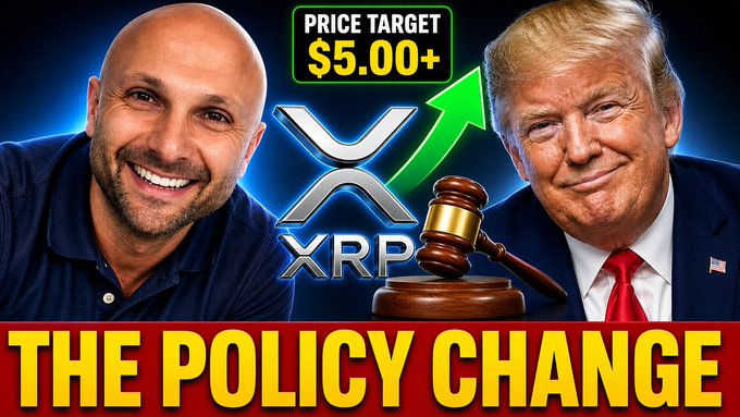 This thumbnail features a smiling man, Donald Trump, and the XRP logo with a price target of $5.00+, suggesting a potential bullish outcome for $XRP. A gavel and the text "THE POLICY CHANGE" further allude to regulatory developments that could impact the cryptocurrency.