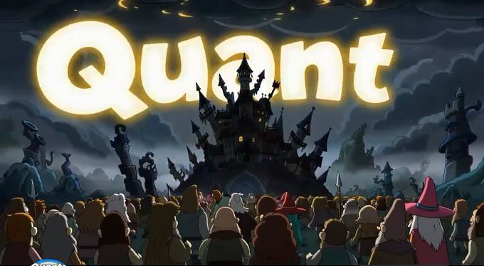 A promotional image for 'Quant' featuring the yellow stylized title logo above an illustration of a crowd gathered before a dark, gothic castle under a cloudy sky.