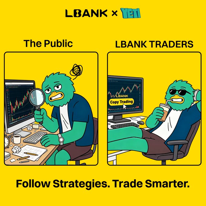 A split-panel illustration contrasts a stressed public trader examining chaotic charts with a magnifying glass (left) against a relaxed LBANK TRADER wearing sunglasses and sipping coffee while LBank's Copy Trading platform runs automatically (right), under the bold tagline "Follow Strategies. Trade Smarter." The image visually reinforces the post's message by showing how Copy Trading on LBank eliminates the stress of manual analysis by letting users follow experienced traders' strategies.