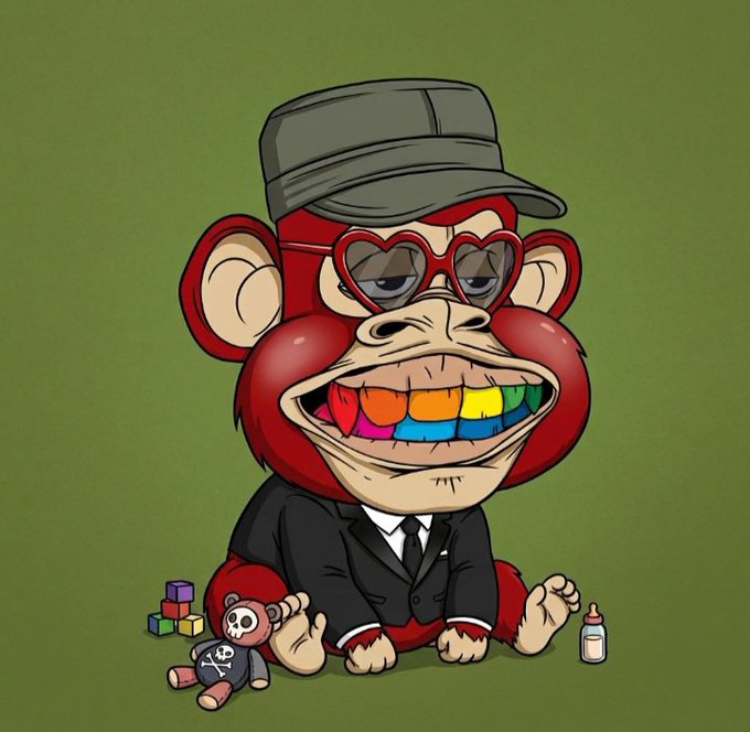 A cartoon illustration of a red monkey in a suit wearing a grey cap and heart-shaped sunglasses, sitting next to a skull teddy bear and a baby bottle.