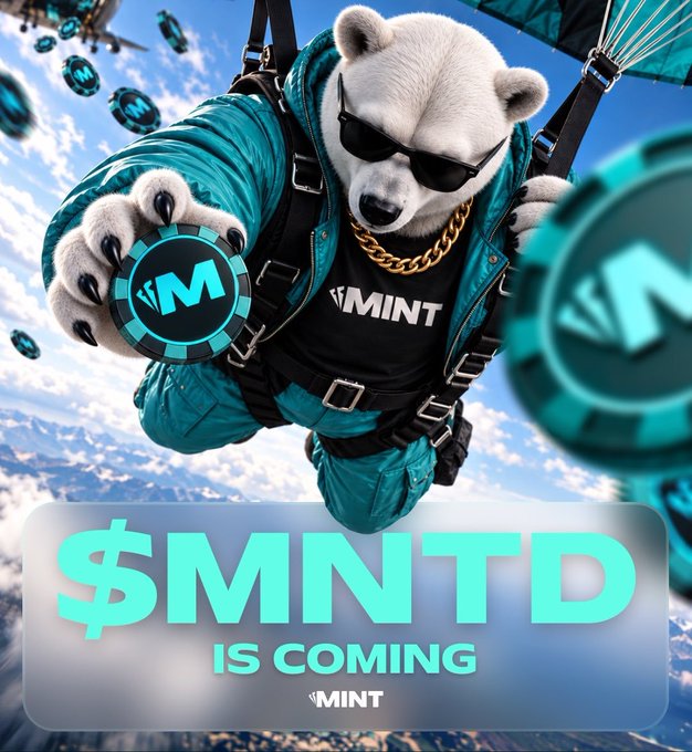 A digital artwork showing a polar bear in sunglasses and a teal jacket skydiving while holding an 'M' poker chip, with the text '$MNTD IS COMING' and the 'MINT' logo at the bottom.
