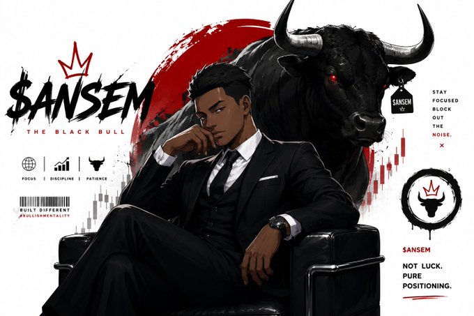A graphic design featuring a man in a black suit sitting on a leather couch next to a black bull with red eyes, branded '$ANSEM THE BLACK BULL' with text reading 'STAY FOCUSED, BLOCK OUT THE NOISE' and 'NOT LUCK. PURE POSITIONING.'