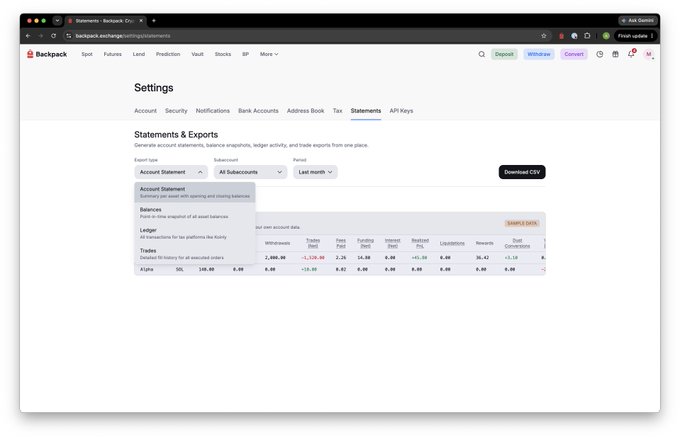 Screenshot of Backpack Exchange's Settings page showing the Statements & Exports section with account balances and trade activity.