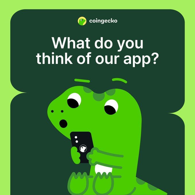 A green dinosaur mascot holds a phone beneath the CoinGecko logo and the text "What do you think of our app?", inviting users to share their feedback. This matches the accompanying post, which promotes a 5-minute survey offering five winners a 1-month CoinGecko Premium subscription at tally.so/r/pbZOW1.
