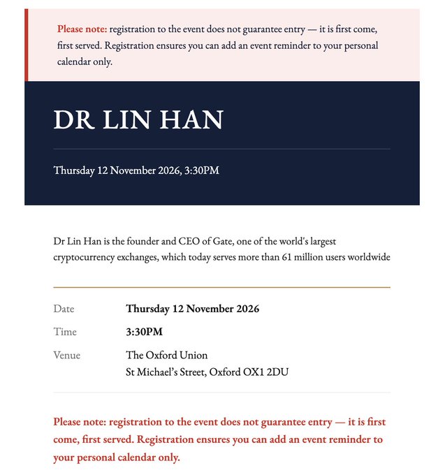 Event announcement for Dr Lin Han, founder and CEO of cryptocurrency exchange Gate, speaking on Thursday 12 November 2026 at 3:30PM at The Oxford Union, with a note that registration does not guarantee entry.