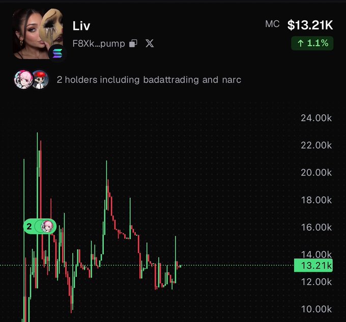 A token chart for "Liv" (F8Xk...pump) on Solana with a market cap of $13.21K (up 1.1%), showing a note that there are only "2 holders including badattrading and narc" with a price chart fluctuating between $10k and $24k.