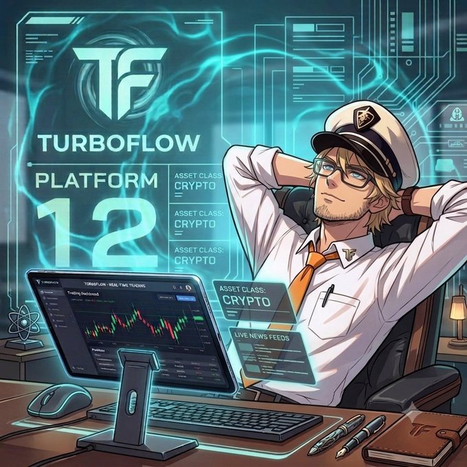 The image depicts an anime-style pilot character relaxing at a desk with cryptocurrency trading charts displayed on a monitor, alongside the "TurboFlow Platform 12" logo and "Asset Class: Crypto" callouts featuring live news feeds. The artwork visually reinforces the post by showcasing TurboFlow as a next-generation Web3 trading platform, complementing the creator's announcement of joining the TurboFlow Creator Program.