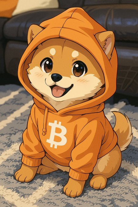 The image features a small brown dog wearing an orange hoodie with a Bitcoin symbol on it. The dog appears to be sitting or standing on a gray carpeted floor, looking at the camera with a smile. The background of the image shows a couch against which the dog is positioned.