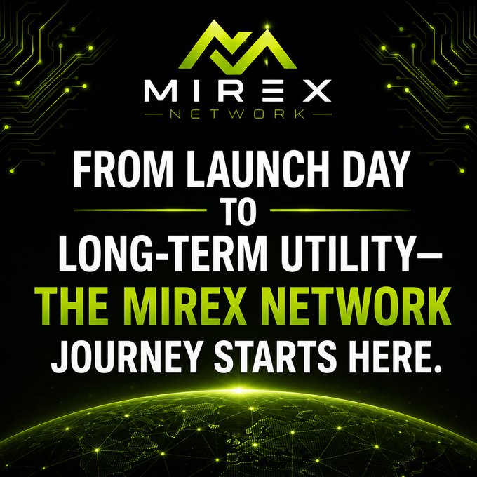 Black promotional graphic for 'MIREX NETWORK' with a circuit board design, featuring the tagline 'FROM LAUNCH DAY TO LONG-TERM UTILITY— THE MIREX NETWORK JOURNEY STARTS HERE.'