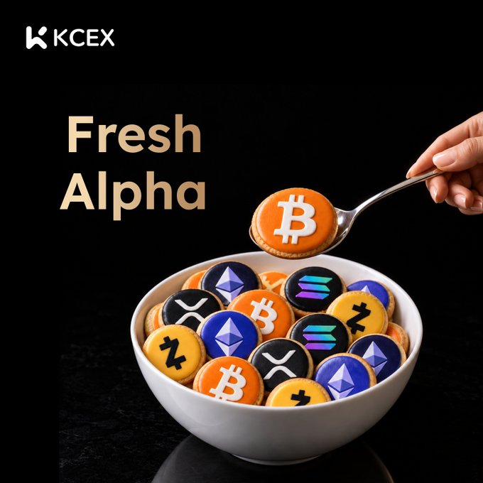 A promotional advertisement for KCEX featuring a bowl of cryptocurrency-themed macarons with logos for Bitcoin, Ethereum, Solana, XRP, Zcash, and others, with a hand holding a Bitcoin macaron and the text 'Fresh Alpha.'