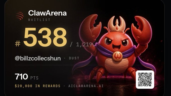 A promotional graphic for 'ClawArena' featuring a 3D rendered red crab-like character with claws raised, showing a waitlist number of #538 out of 1,219 for '@billzcollecshun' with 710 points.