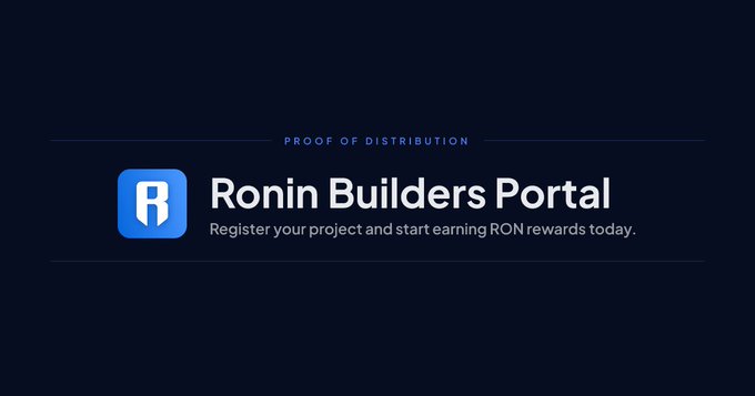 The image shows a logo for the Ronin Builders Portal, which is a website that allows users to register their projects and start earning RONI (Royal Ontario Museum) rewards. The website redirects users to the Proof of Distribution landing page, where they can apply to receive part of the 5M RON in rewards available via PoD. This means that anyone can now apply for the rewards by visiting the Ronin Builders Portal and filling out an application form.