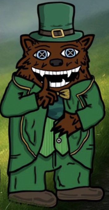 A cartoon illustration of a brown wolf character wearing a green suit, green top hat, and bowtie, with X's for eyes and a wide grin showing teeth, standing in a grassy field.