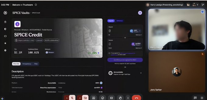 A Trustaware video call interface displays the SPICE Vaults for SPICE Credit, showing a TVL of $1.1M and a Collateral Ratio of 100.81%, with participants Harry Leslie and Jony Sarker visible.