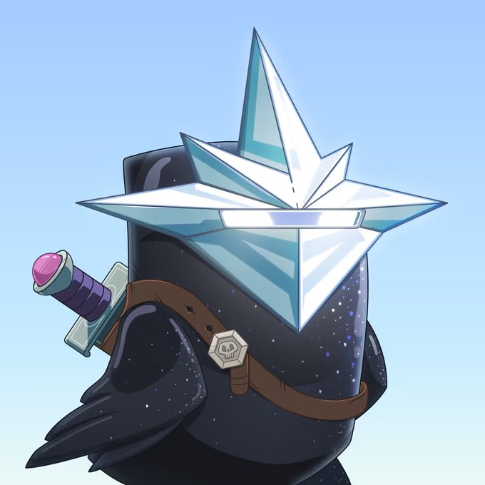 Digital illustration of a round, dark, space-patterned character wearing a large, crystalline ice star on its head and carrying a sword on a brown belt.