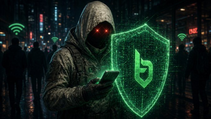 A digital illustration depicts a hooded figure with glowing red eyes holding a smartphone, with a green shield icon featuring a stylized 'h' floating in front of them.