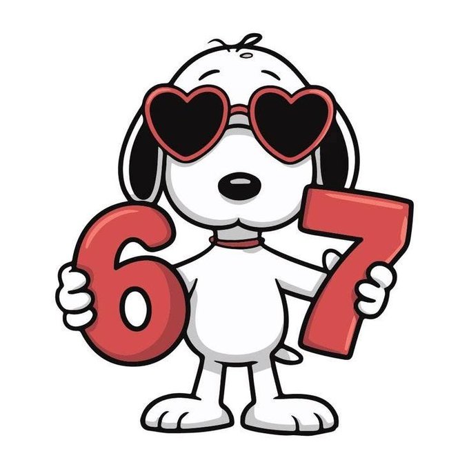 A cartoon Snoopy-style dog character wearing red heart-shaped sunglasses and a collar, holding the numbers '6' and '7' in red.