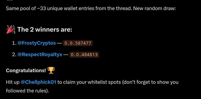 Tweet announcing giveaway winners: '@FrostyCryptos' and '@RespectRoyaltyx' from a pool of ~33 unique wallet entries, instructed to contact '@Chellphick01'.