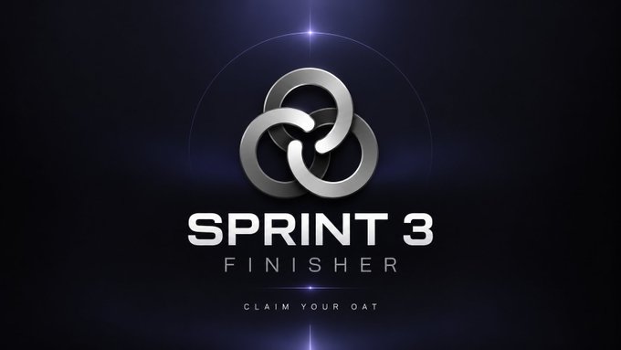 A dark-themed graphic displaying a metallic tri-circle symbol above the text 'SPRINT 3 FINISHER' and 'CLAIM YOUR OAT,' set against a glowing purple and blue background.