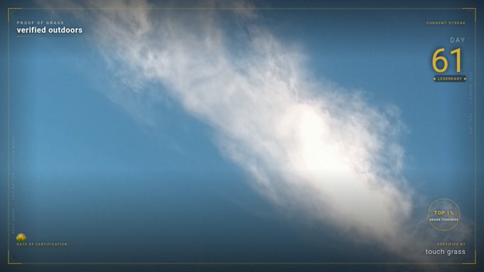 A sky photo with interface overlays reading 'PROOF OF GRASS verified outdoors', 'CURRENT STREAK DAY 61 LEGENDARY', and 'CERTIFIED: touch grass', with 'TOP 1% GRASS TOUCHERS' badge.