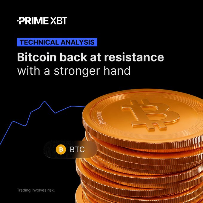 A promotional graphic by Prime XBT featuring stacked gold Bitcoin coins and a blue line chart, with the text 'TECHNICAL ANALYSIS: Bitcoin back at resistance with a stronger hand' and a 'BTC' ticker badge.