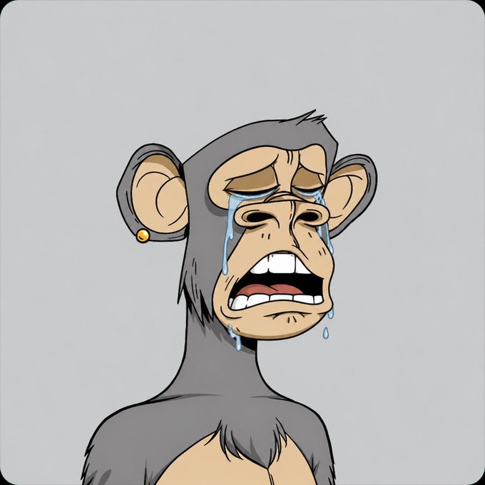 A cartoon illustration of a crying Bored Ape-style NFT monkey with visible tears streaming down its face, showing prominent front teeth and wearing a gold earring.