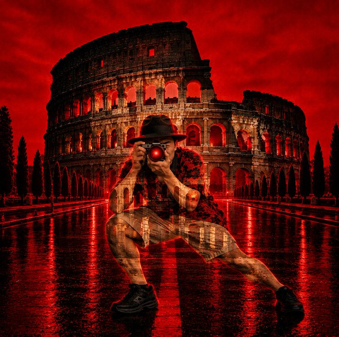 A stylized, high-contrast red and black image shows a man in a hat crouching and taking a photograph with a camera featuring a glowing red lens, set against the backdrop of the Colosseum.