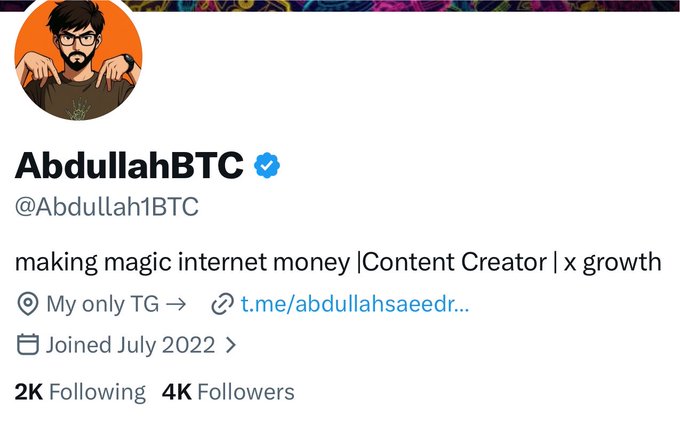 A Twitter/X profile for 'AbdullahBTC (@Abdullah1BTC)' shows a bio about 'making magic internet money' with 4K followers, joined July 2022.