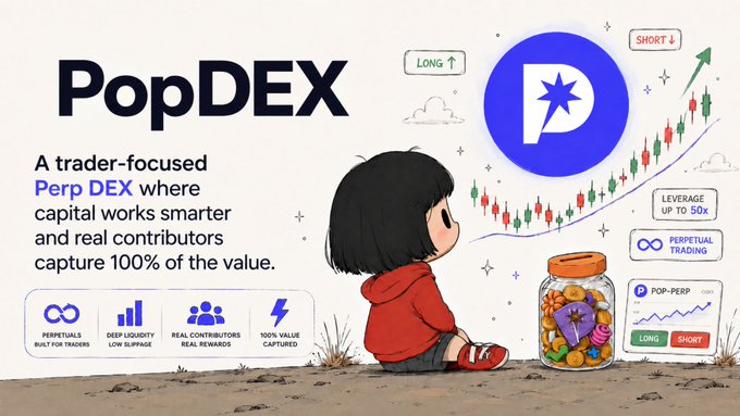 Promotional graphic for 'PopDEX,' a trader-focused Perp DEX offering up to 50x leverage and perpetual trading, featuring an illustration of a girl sitting next to a jar of treats with a trading chart behind her.