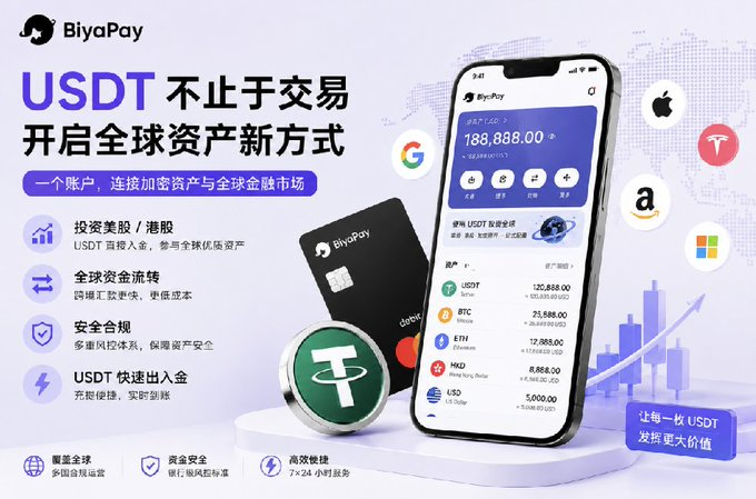 A promotional graphic for **BiyaPay** showcasing its mobile app interface with a balance of **188,888.00 USD**, a BiyaPay debit card, and a USDT token. Surrounding icons highlight features like global money flow, multi-jurisdictional compliance, and quick USDT deposits/withdrawals, aligning with the post's message about putting idle USDT to work through the platform's flexible, cross-border financial tools.